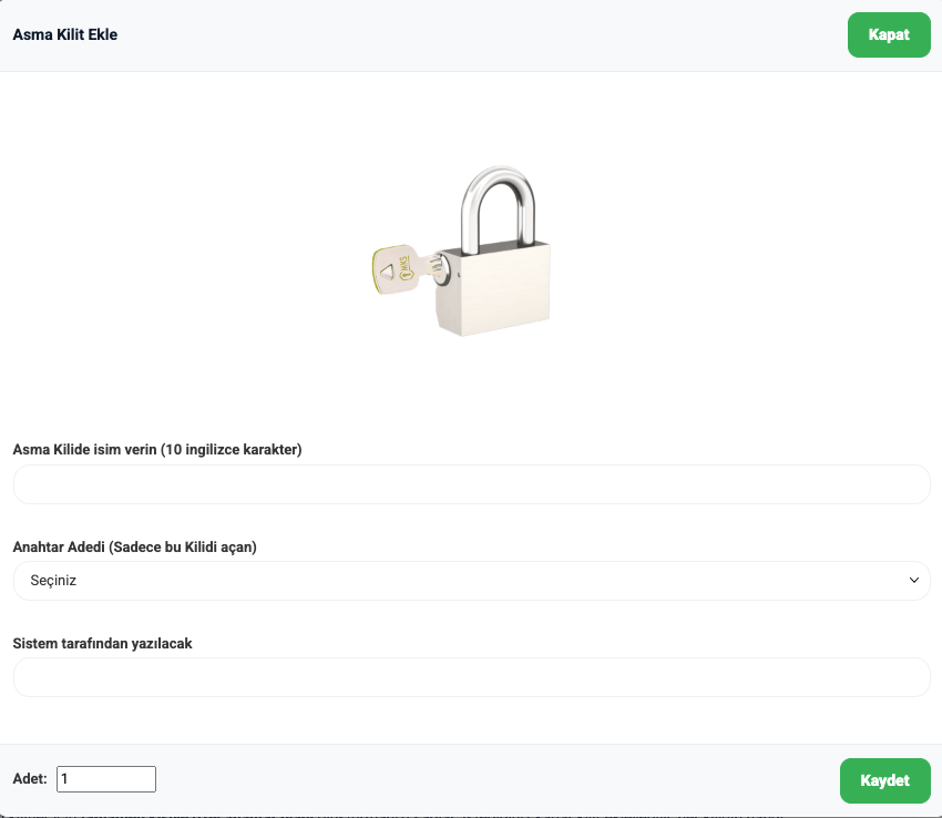 Asma kilit ekleme popup ekranı