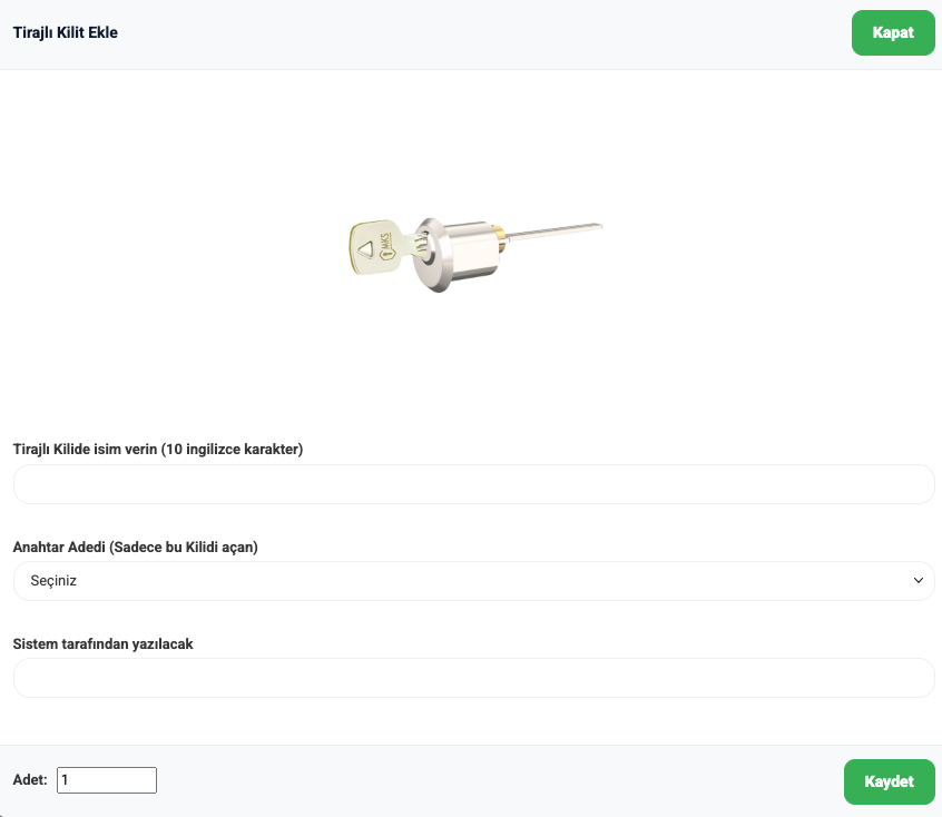 Tirajlı kilit ekleme popup ekranı